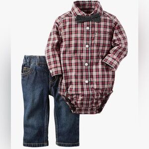 Carter's Plaid Bodysuit Black Pants & Bowtie Dressy Outfit Baby Boy 12 Months